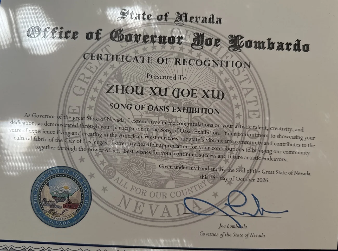 Certificate of Recognition, Office of Governor Joe Lombardo, State of Nevada